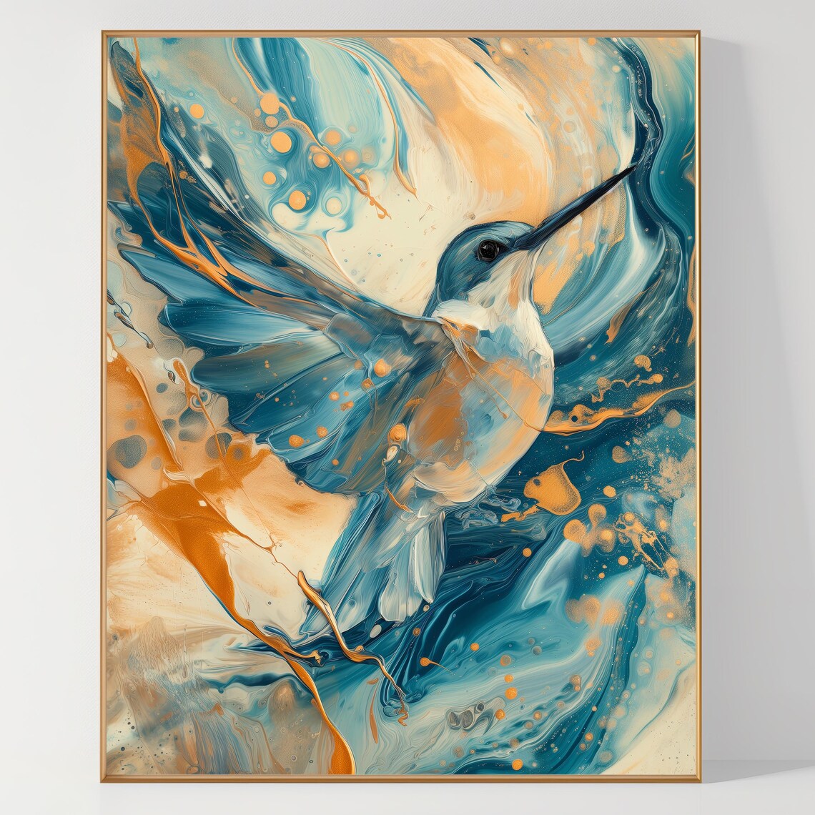 Kingfisher Bird in Blue and Gold Swirling Abstract Art Poster