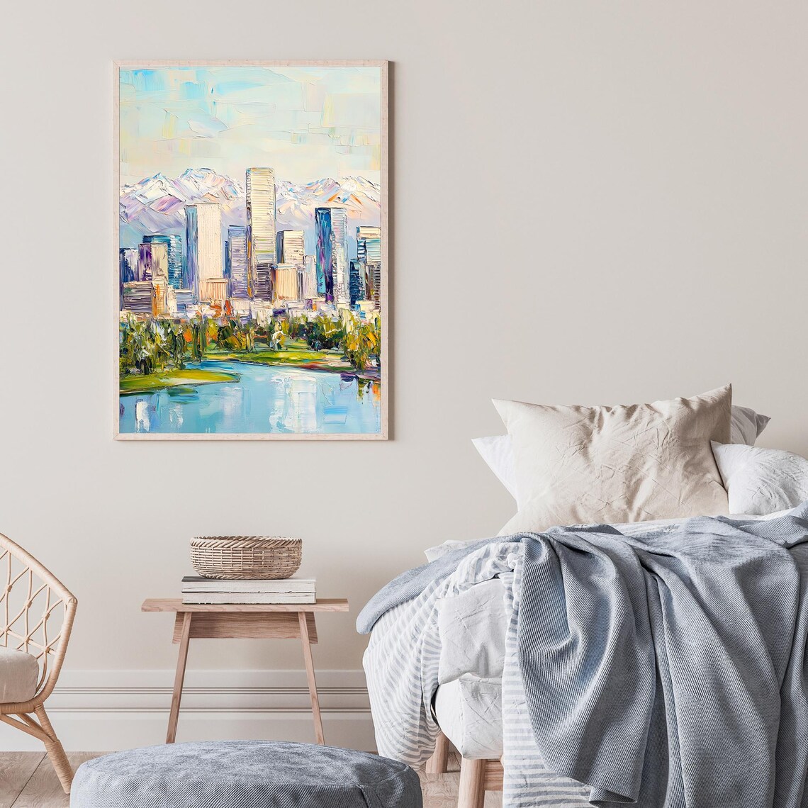 Denver Colorado Snowy Rocky Mountain Skyline Lake Oil Painting Poster - Image 2