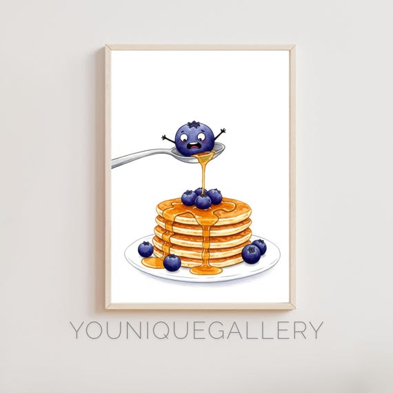 Funny Pancake And Blueberry Wall Art Breakfast Humor Kitchen Decor Watercolor Food Illustration Foodie Gift