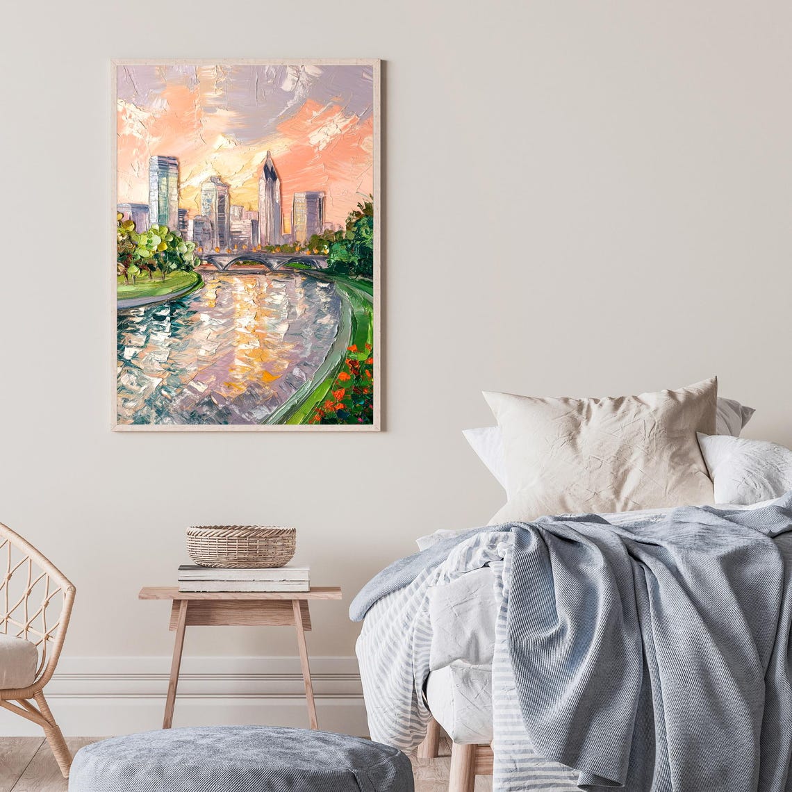 Columbus Ohio Skyline River Bridge Sunset Oil Painting Poster - Image 2