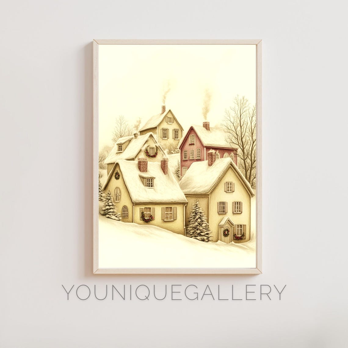 Snowy Christmas Village Cozy Cottages Winter Scene Art Poster