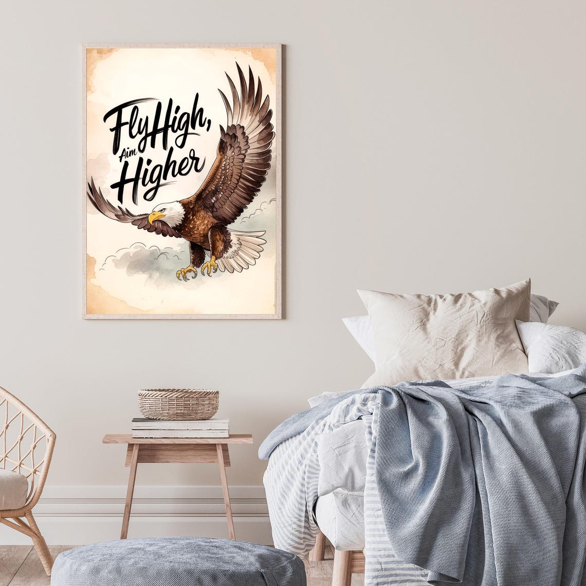 Fly High Aim Higher Bald Eagle Watercolor Motivational Quote Poster - Image 3