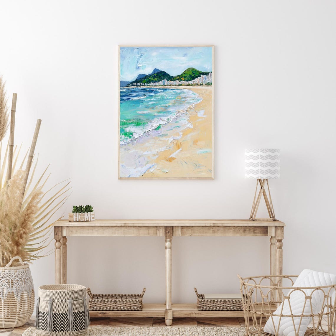 Copacabana Beach Rio Golden Sand Turquoise Waves Mountains Oil Poster - Image 3