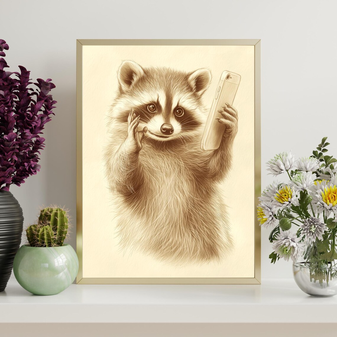 Funny Raccoon Selfie Sepia Sketch Cute Wildlife Animal Wall Art - Image 4