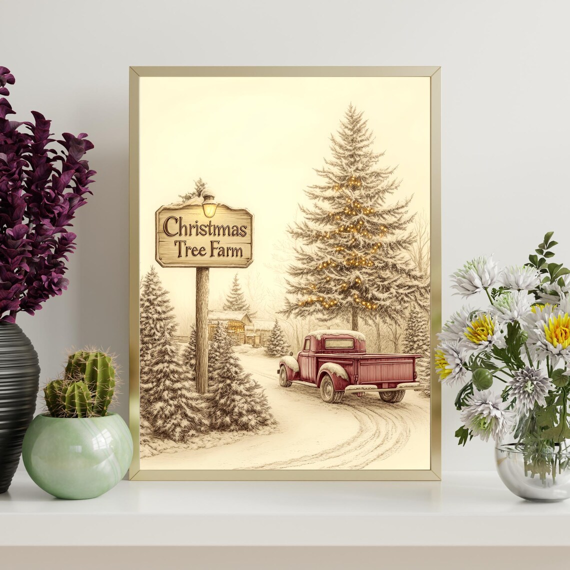 Christmas Tree Farm Sign Vintage Red Truck Snowy Scene Poster - Image 4