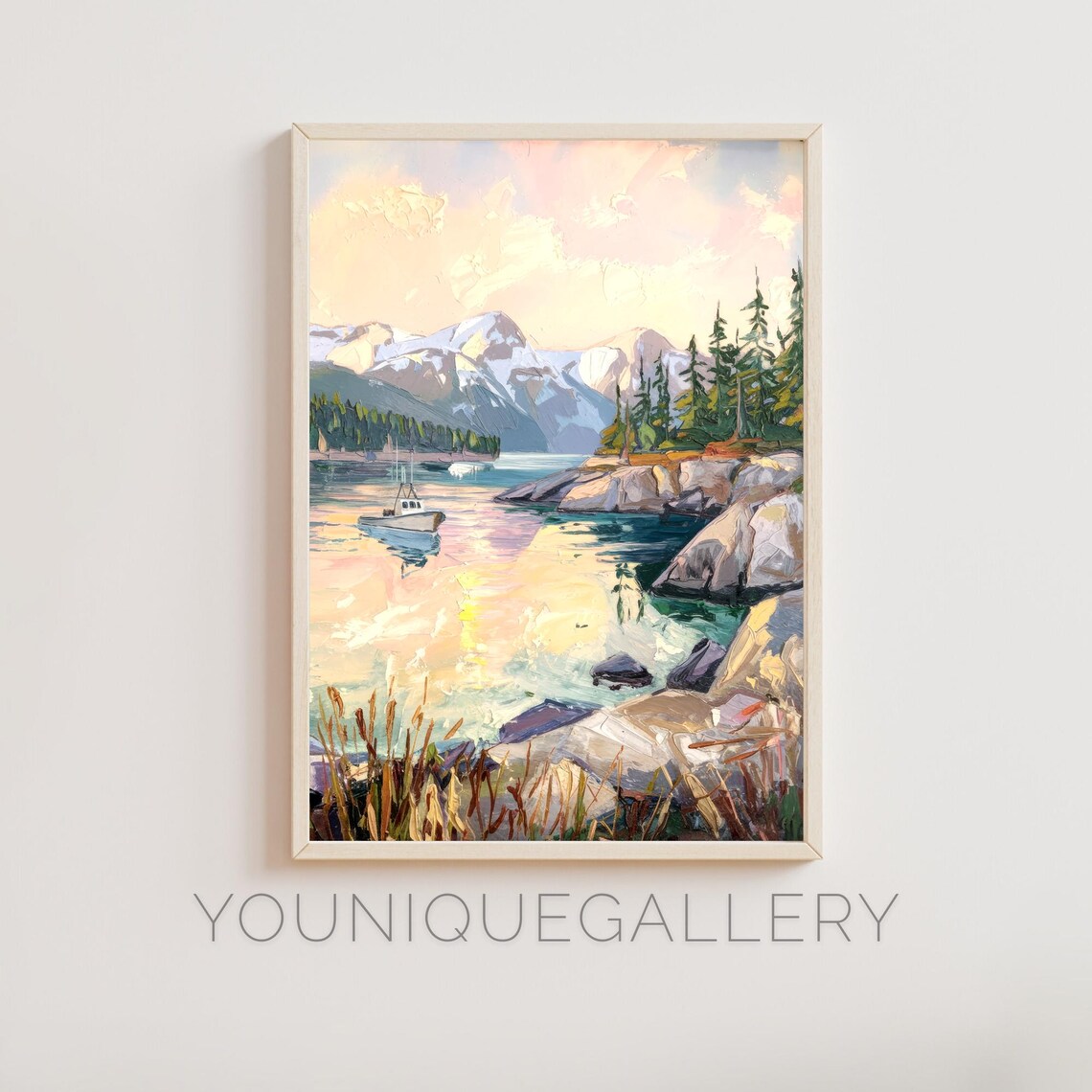 Sitka Alaska Coastal Sunset Fishing Boat Mountain Lake Painting Poster