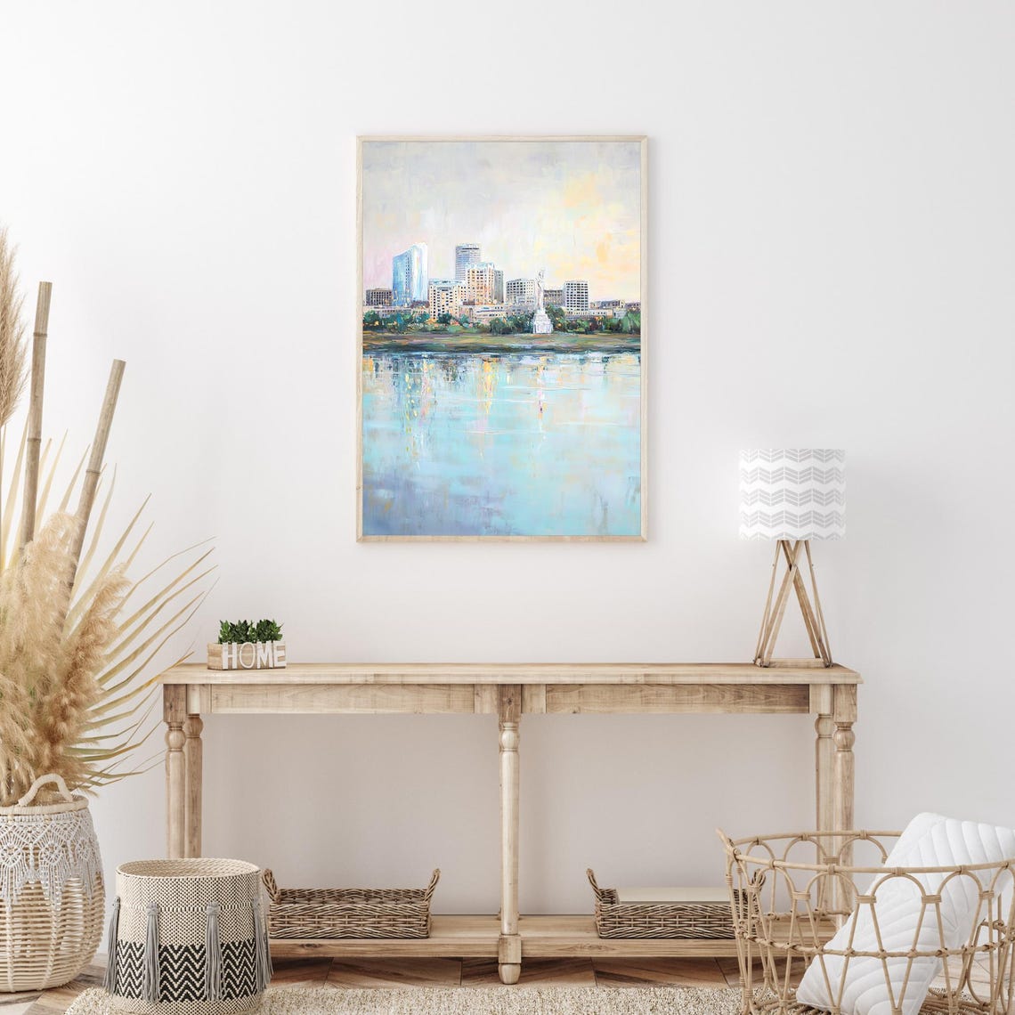 Waterfront City Skyline Soft Pastel Impressionist Oil Wall Art - Image 3