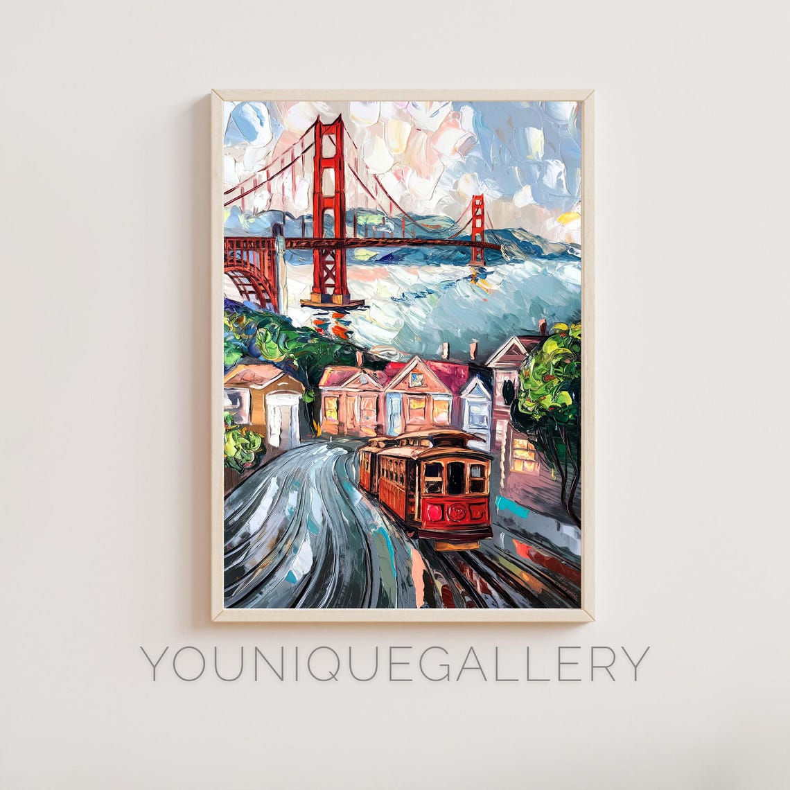 Golden Gate Bridge Cable Car San Francisco Street Impasto Oil Poster