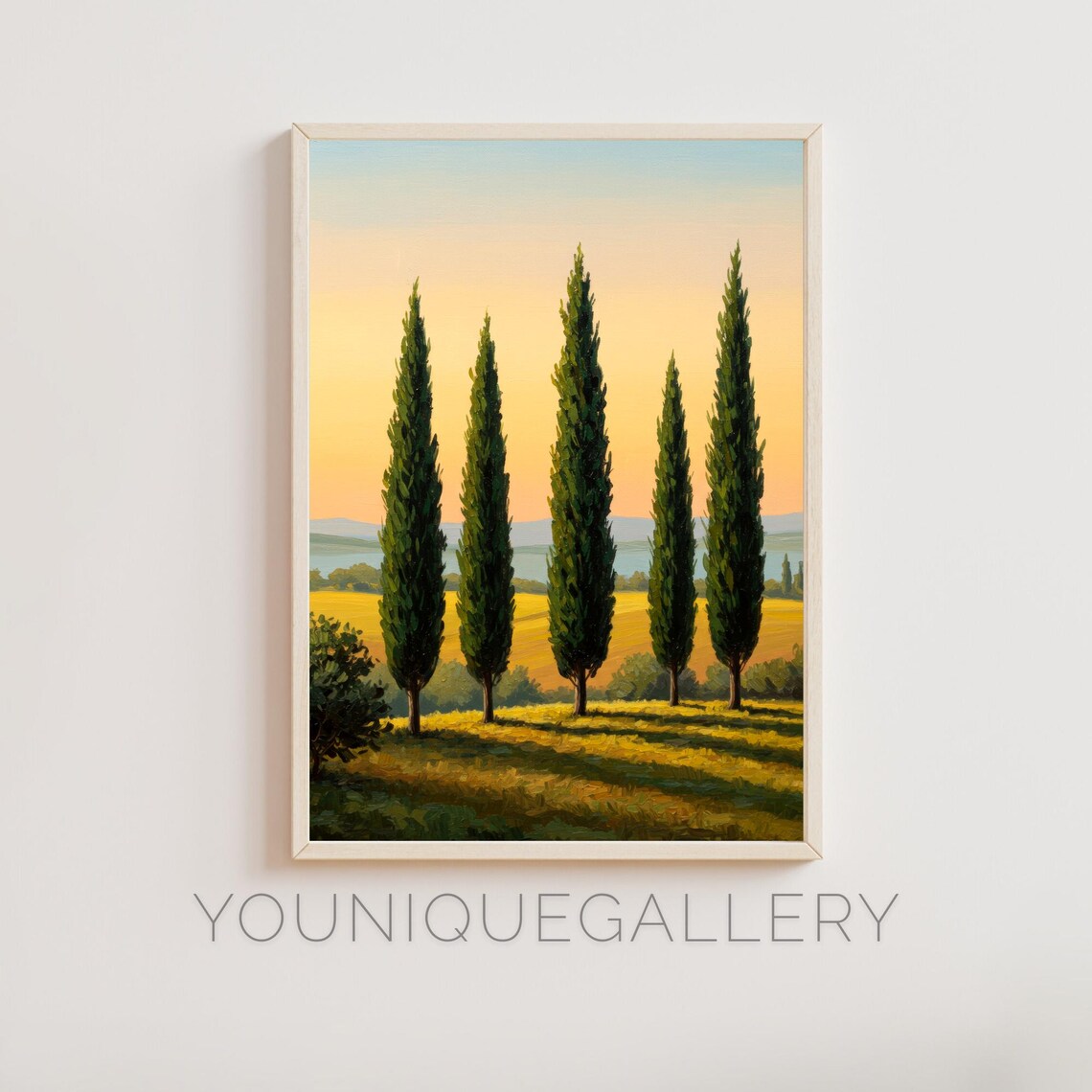 Tuscan Cypress Tree Landscape, Rustic Wall Art Print