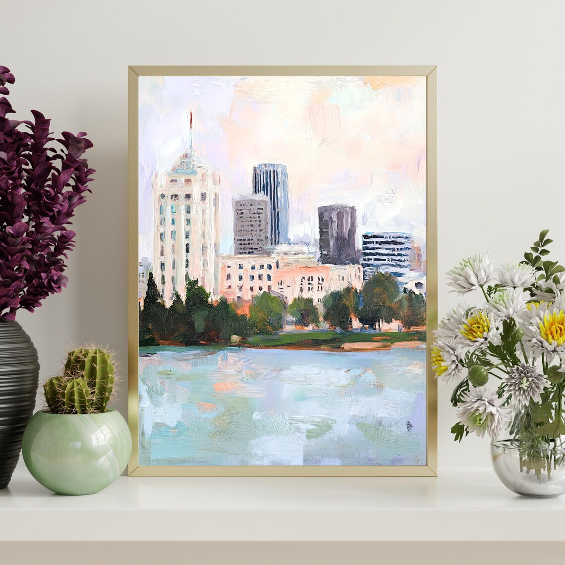 Oakland California Lake Merritt Skyline Bay Area Oil Painting Poster - Image 4
