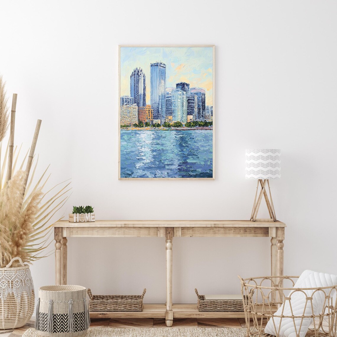Detroit Michigan Riverfront Skyline Cityscape Oil Painting Poster - Image 3
