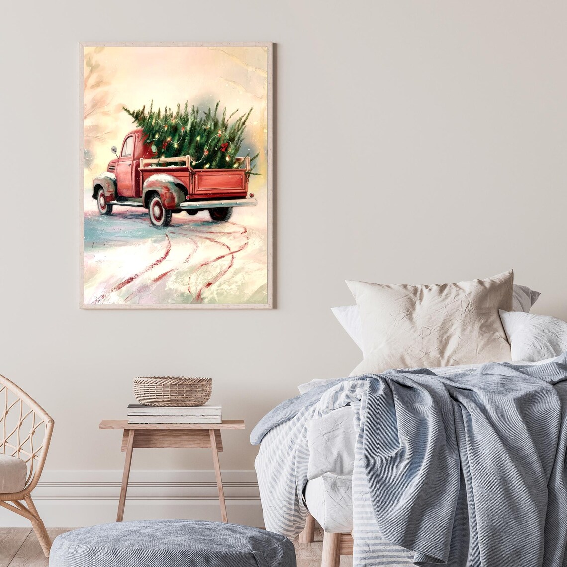 Vintage Red Truck With Christmas Tree Snow Painting Holiday Poster - Image 3