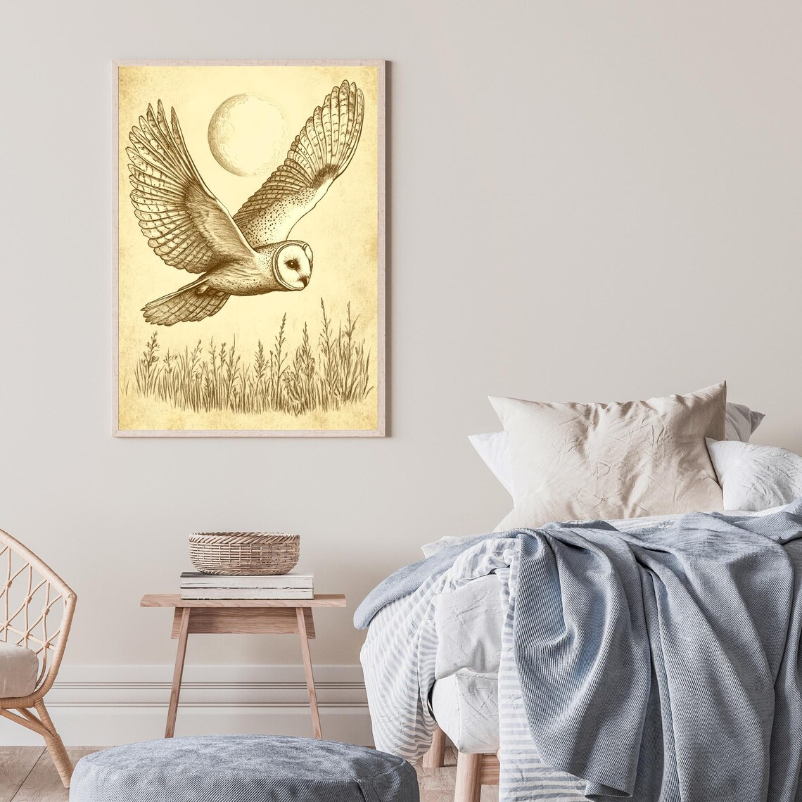 Barn Owl Flying Under Moonlight Sepia Sketch Nocturnal Bird Wall Art - Image 2