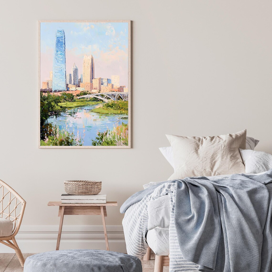 Oklahoma City Downtown Skyline Bridge River Oil Painting Poster - Image 2
