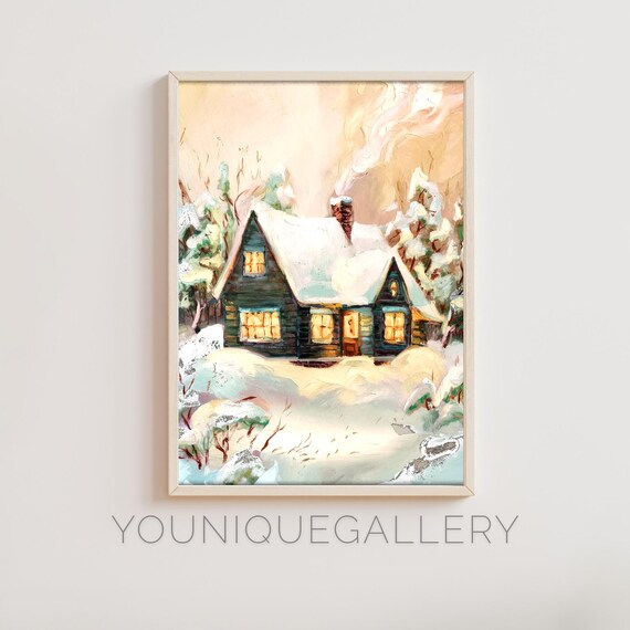Cozy Snowy Cabin with Glowing Windows Winter Landscape Poster