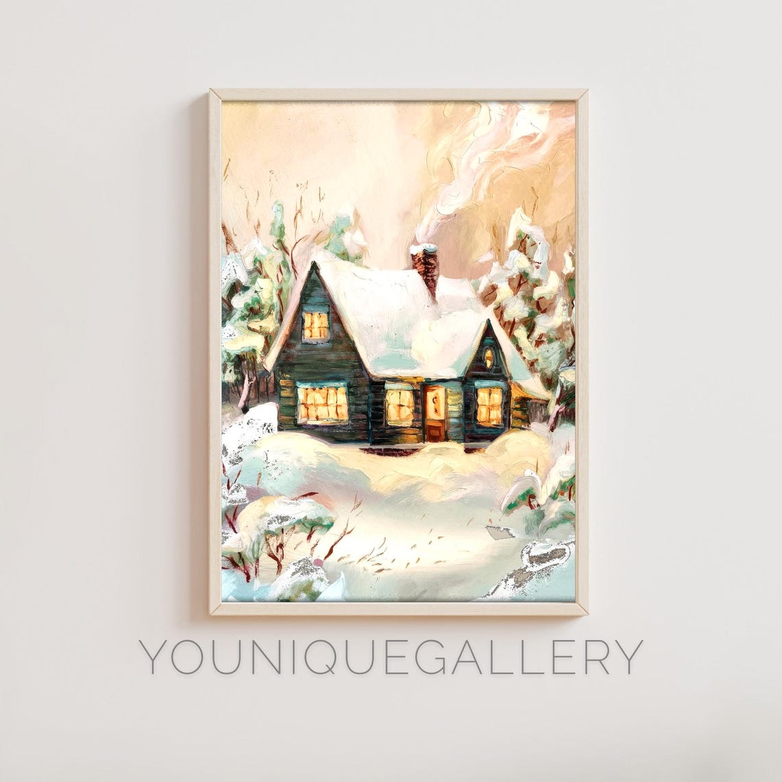 Cozy Snowy Cabin with Glowing Windows Winter Landscape Poster