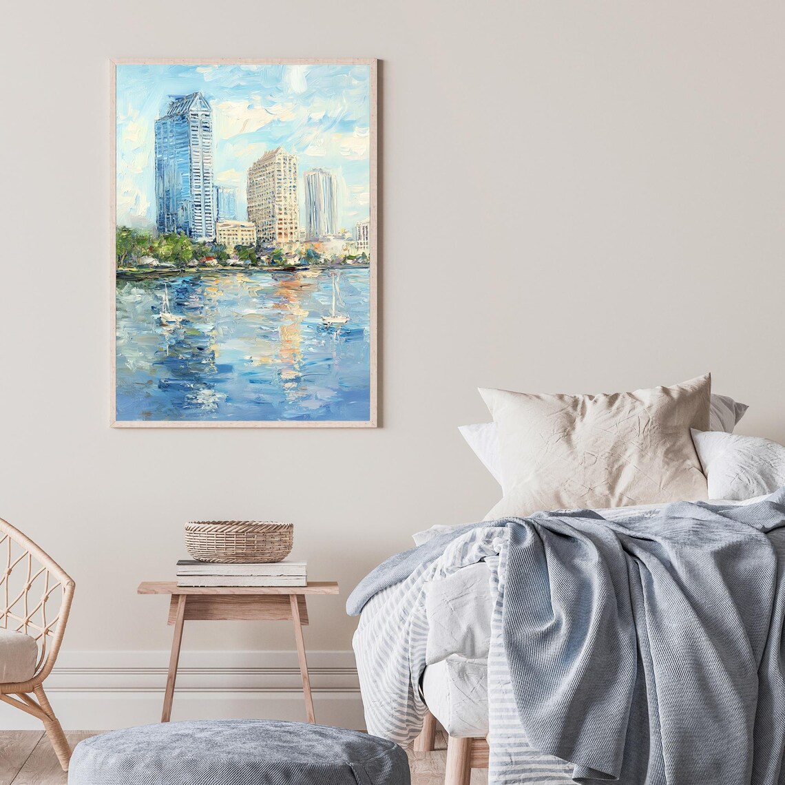 City Waterfront Skyline Sailboats Impressionist Oil Painting Print - Image 2