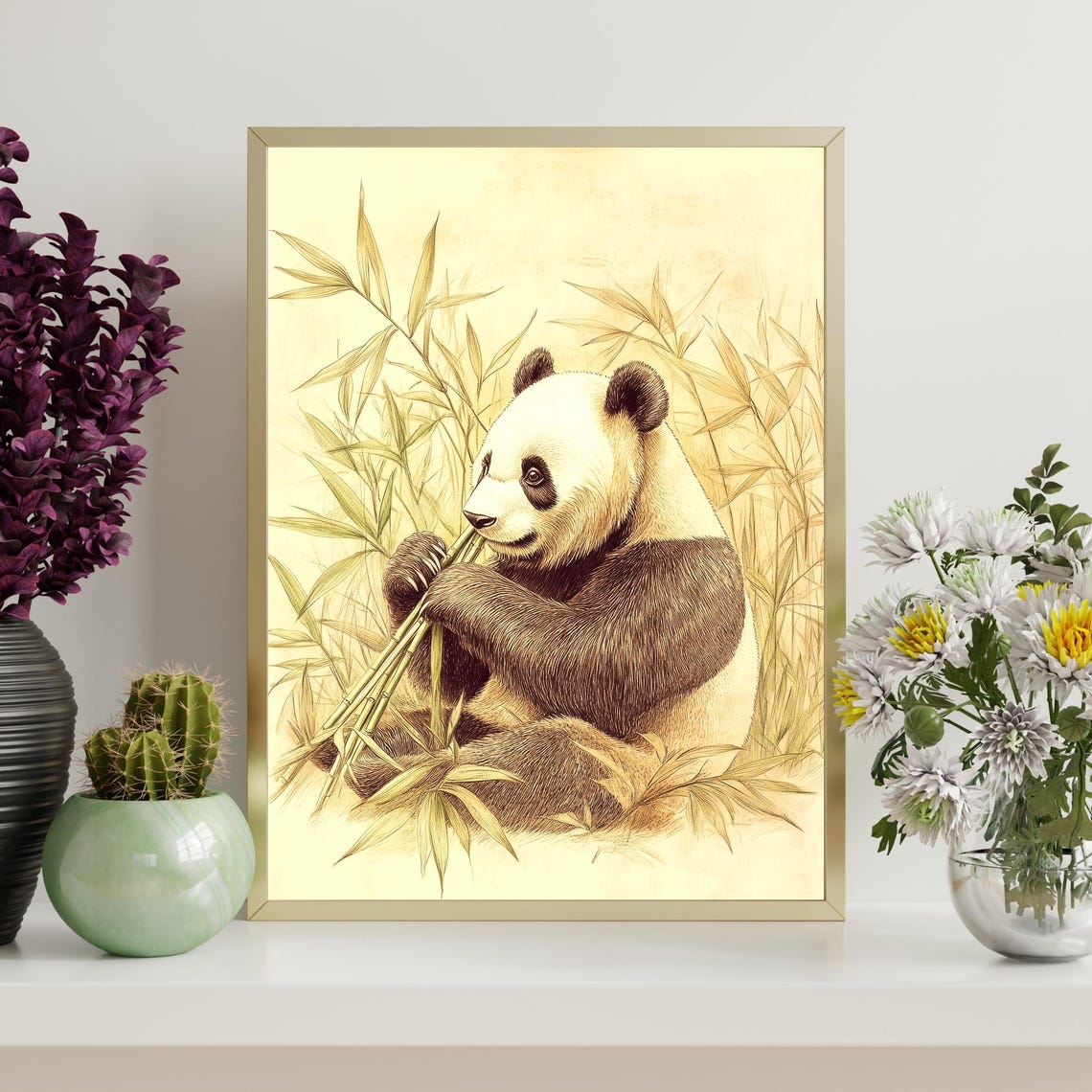 Giant Panda Eating Bamboo Sepia Sketch Tranquil Wildlife Wall Art - Image 4