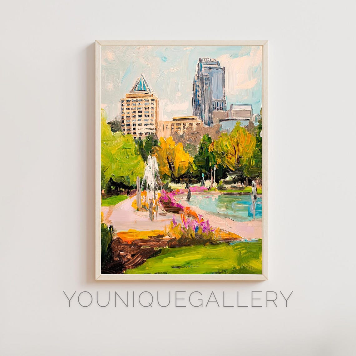 City Park Fountain Flower Gardens Skyline Impressionist Oil Wall Art