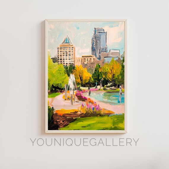 City Park Fountain Flower Gardens Skyline Impressionist Oil Wall Art