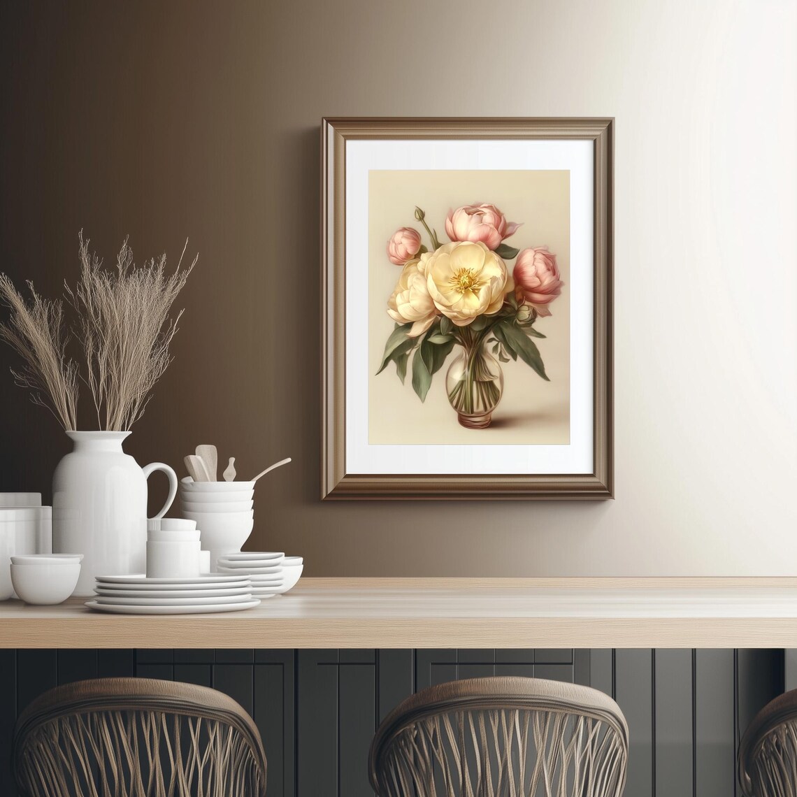 Vintage Peony Bouquet in Glass Vase Floral Botanical Art Poster - Image 2