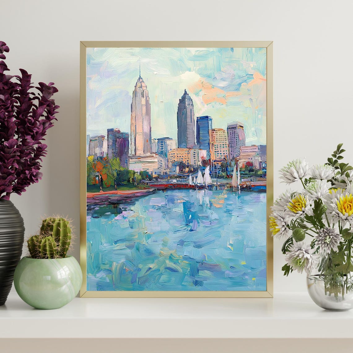 Sailboat Harbor City Skyline Impressionist Oil Painting Wall Art - Image 4