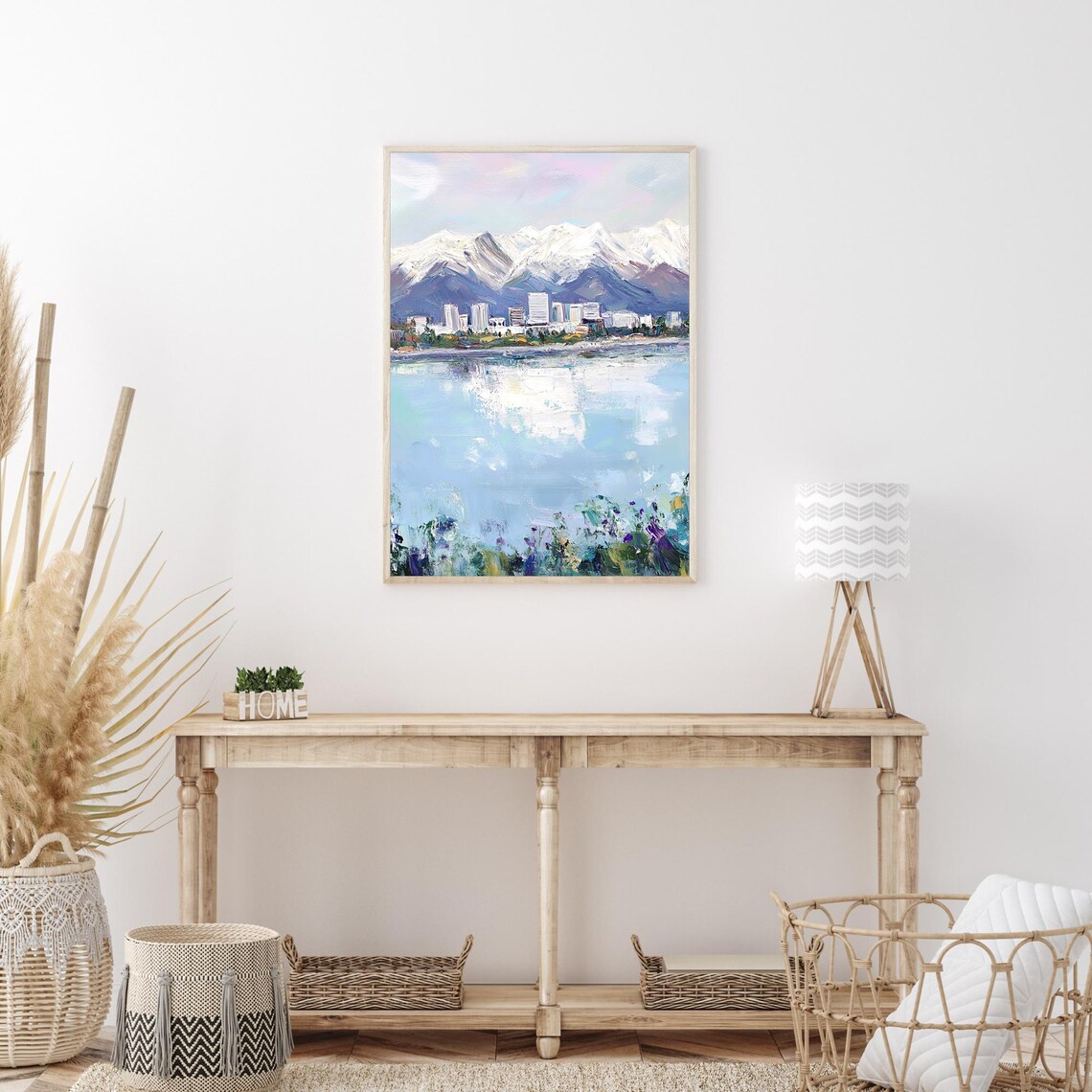 Snowy Mountain Lakefront City Skyline Winter Impressionist Oil Wall Art - Image 3