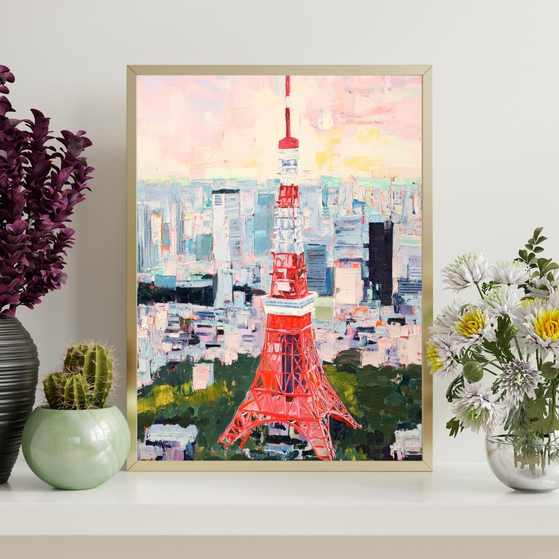 Tokyo Tower Japan Red Lattice Tower City Skyline Pastel Sunset Painting Poster - Image 4