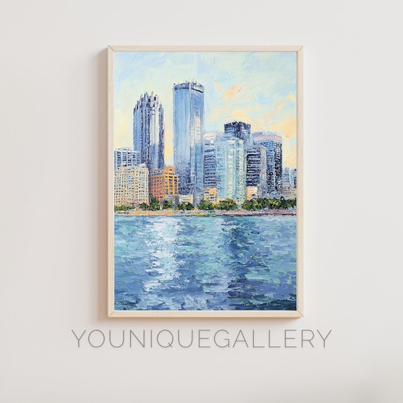 Detroit Michigan Riverfront Skyline Cityscape Oil Painting Poster