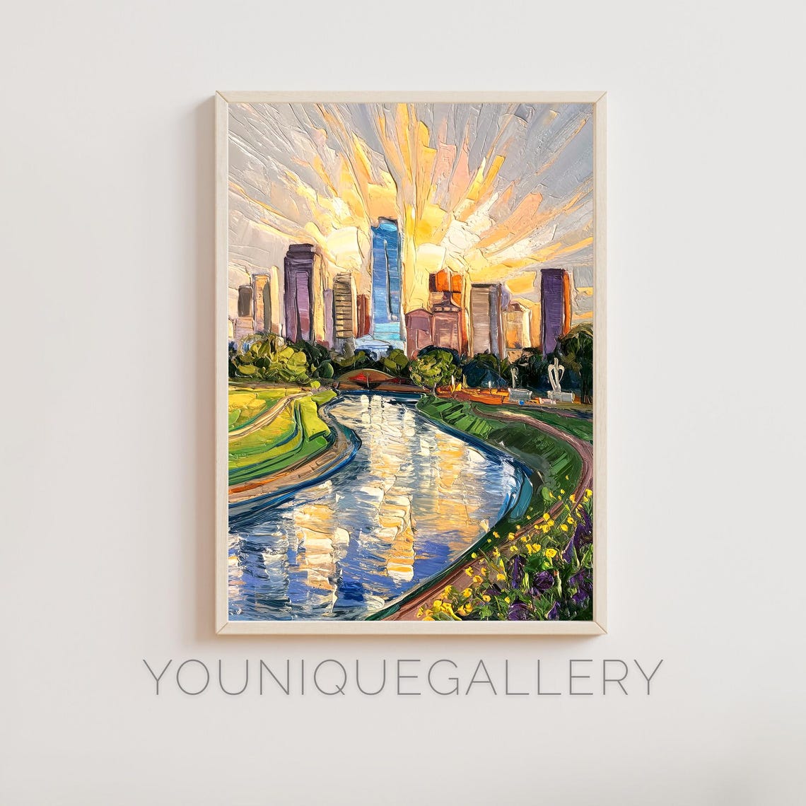 Fort Worth Sunset Skyline River Reflection Oil Painting Poster