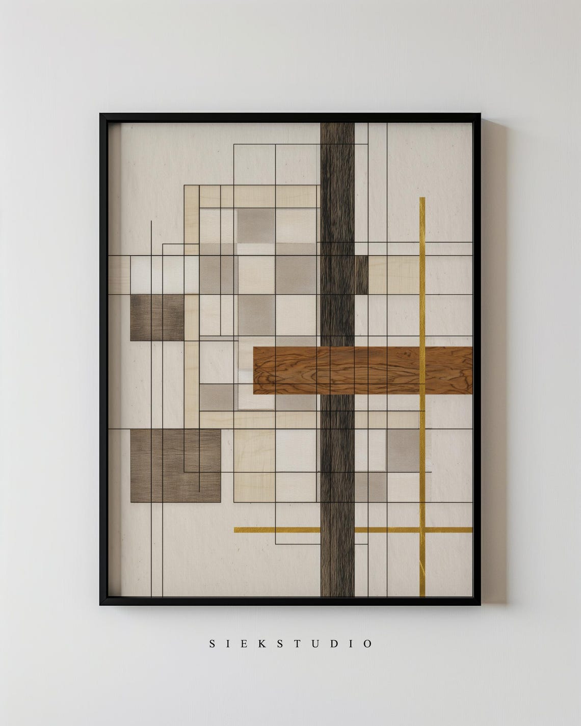 Modern Abstract Grid Shapes Geometric Minimalist Neutral Line And Block Wall Art Contemporary Structured Home Decor 224