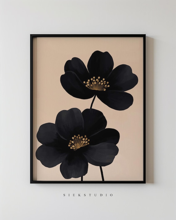Black Flower Painting Gold Stamens Beige Minimalist Botanical Wall Art