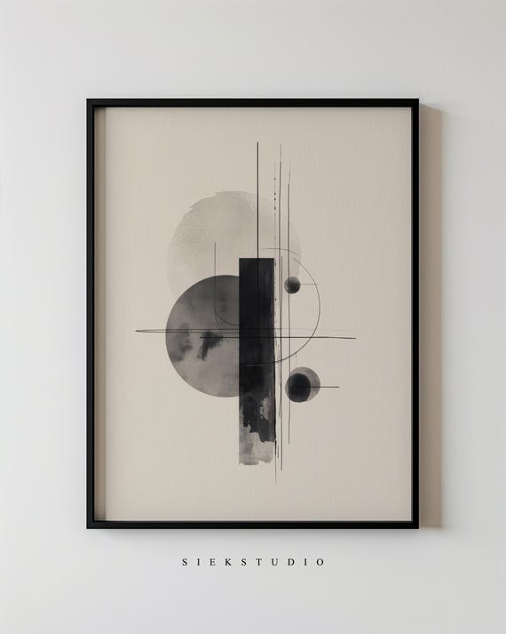 Modern Abstract Minimalist Circle And Lines Art Black Beige Geometric Wall Contemporary Neutral Home Architectural Decor 280