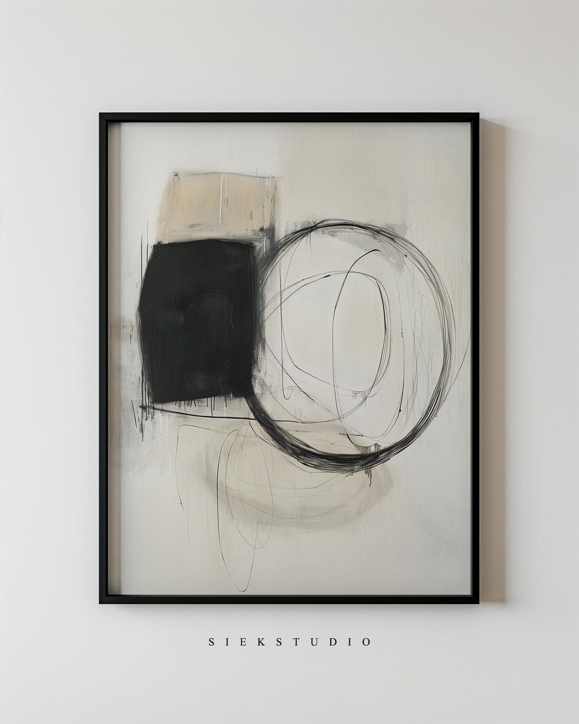 Black Circle Line Drawing And Square Abstract Ink Sketch Art Poster