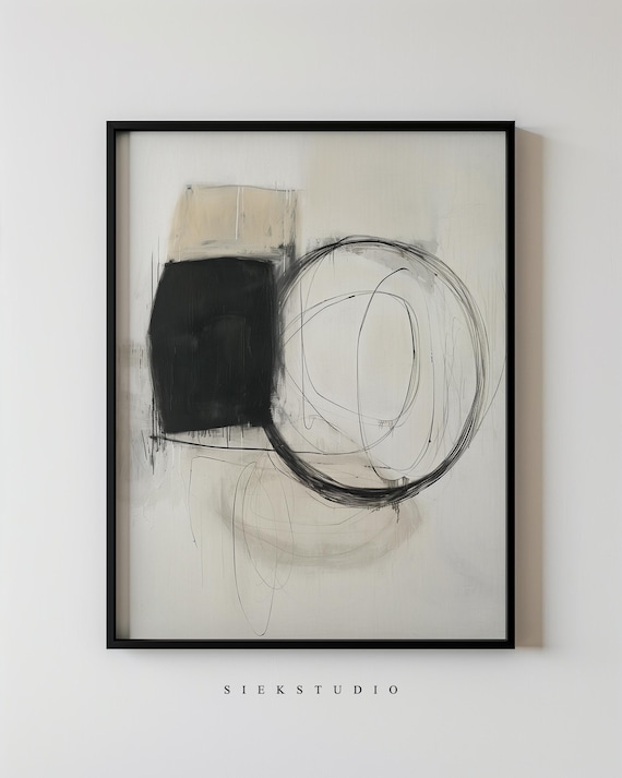Black Circle Line Drawing And Square Abstract Ink Sketch Art Poster