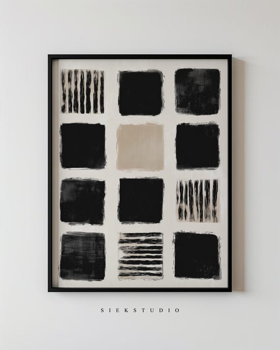 Abstract Square Blocks Minimalist Geometric Modern Black And Beige Block Line Wall Art Contemporary Neutral Home Decor 216