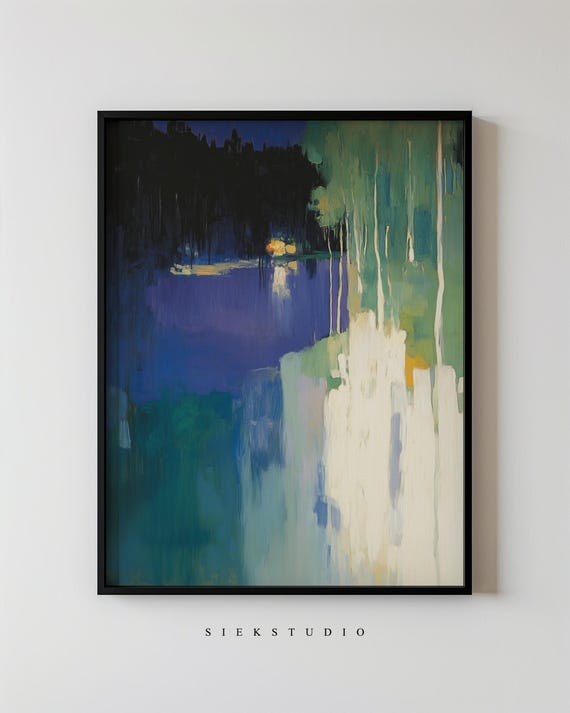 Impressionist Serene Night Painting Abstract Landscape Dreamy Water Reflection Spring Art Moody Contemporary Wall Decor