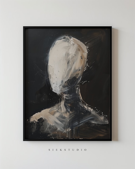 Abstract Minimalist Faceless Figure Black And White Painting Contemporary Brush Stroke Neutral Wall Art