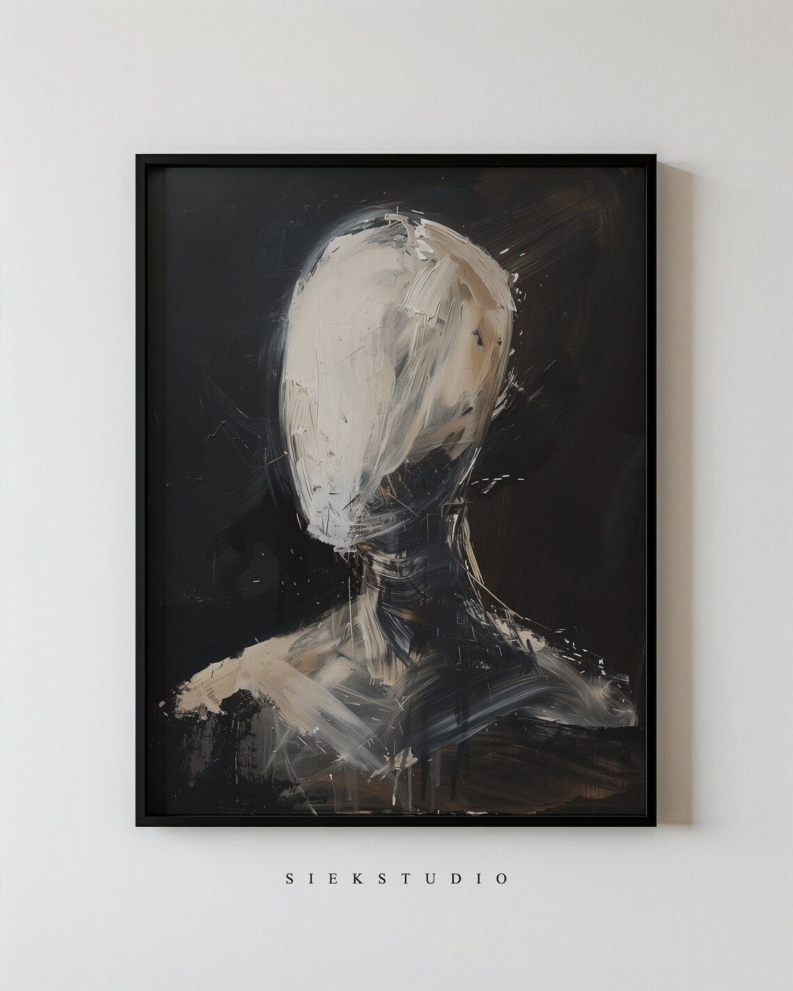 Abstract Minimalist Faceless Figure Black And White Painting Contemporary Brush Stroke Neutral Wall Art