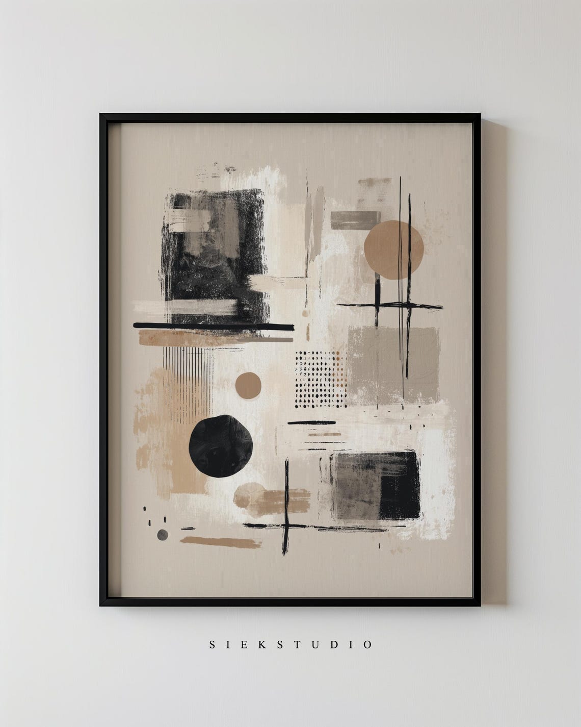 Beige Black Geometric Collage Shapes Abstract Modern Neutral Wall Art