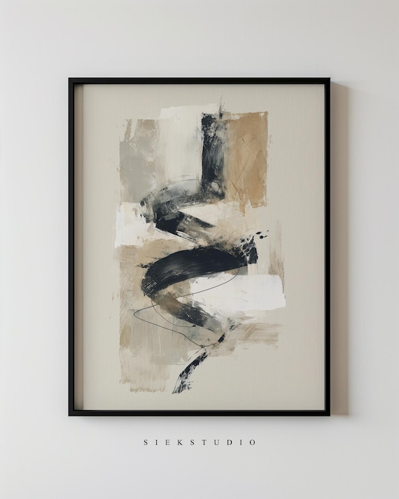 Abstract Black And Beige Art Minimalist Brush Strokes Neutral Wall Expressionism Deco Modern