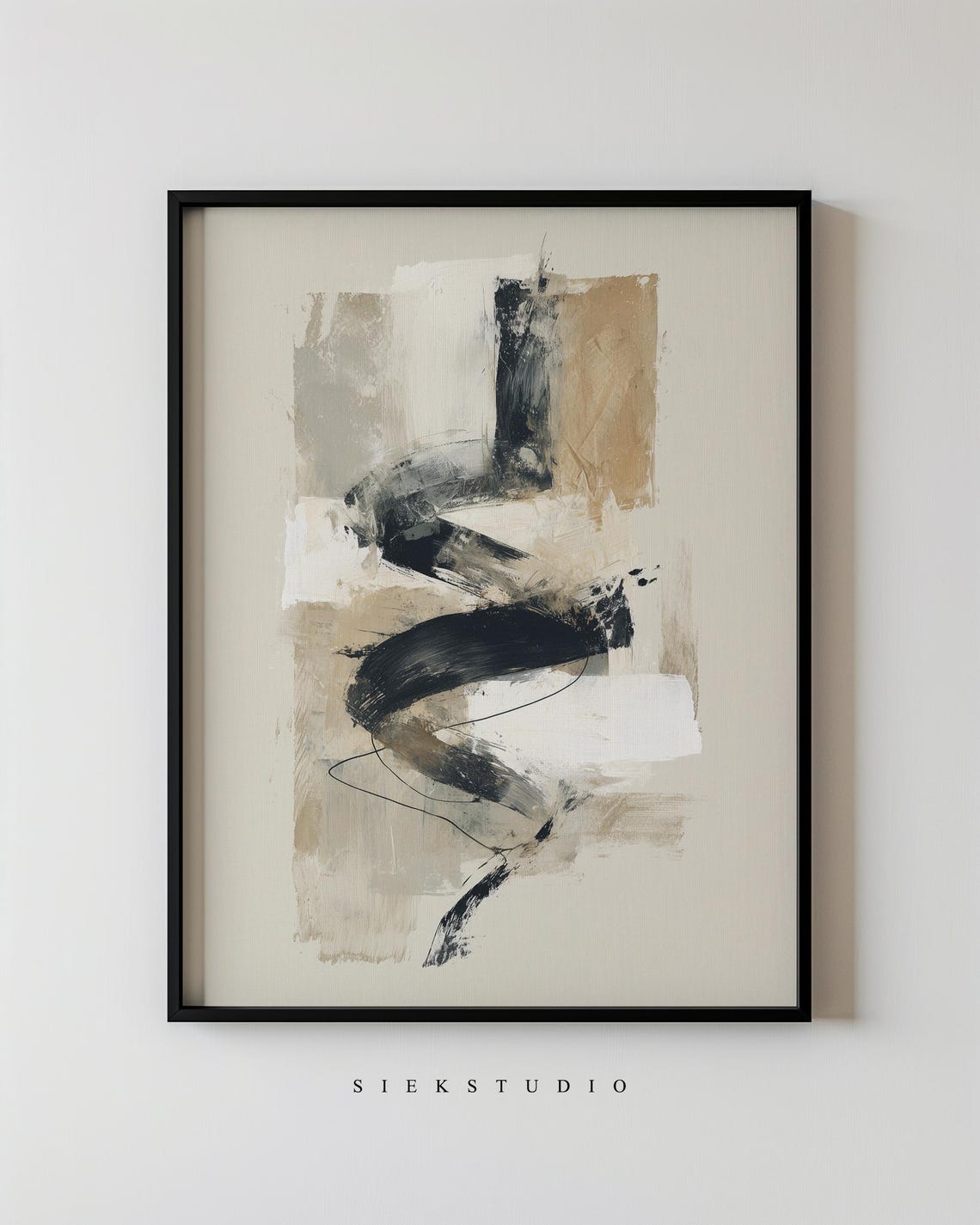Abstract Black And Beige Art Minimalist Brush Strokes Neutral Wall Expressionism Deco Modern