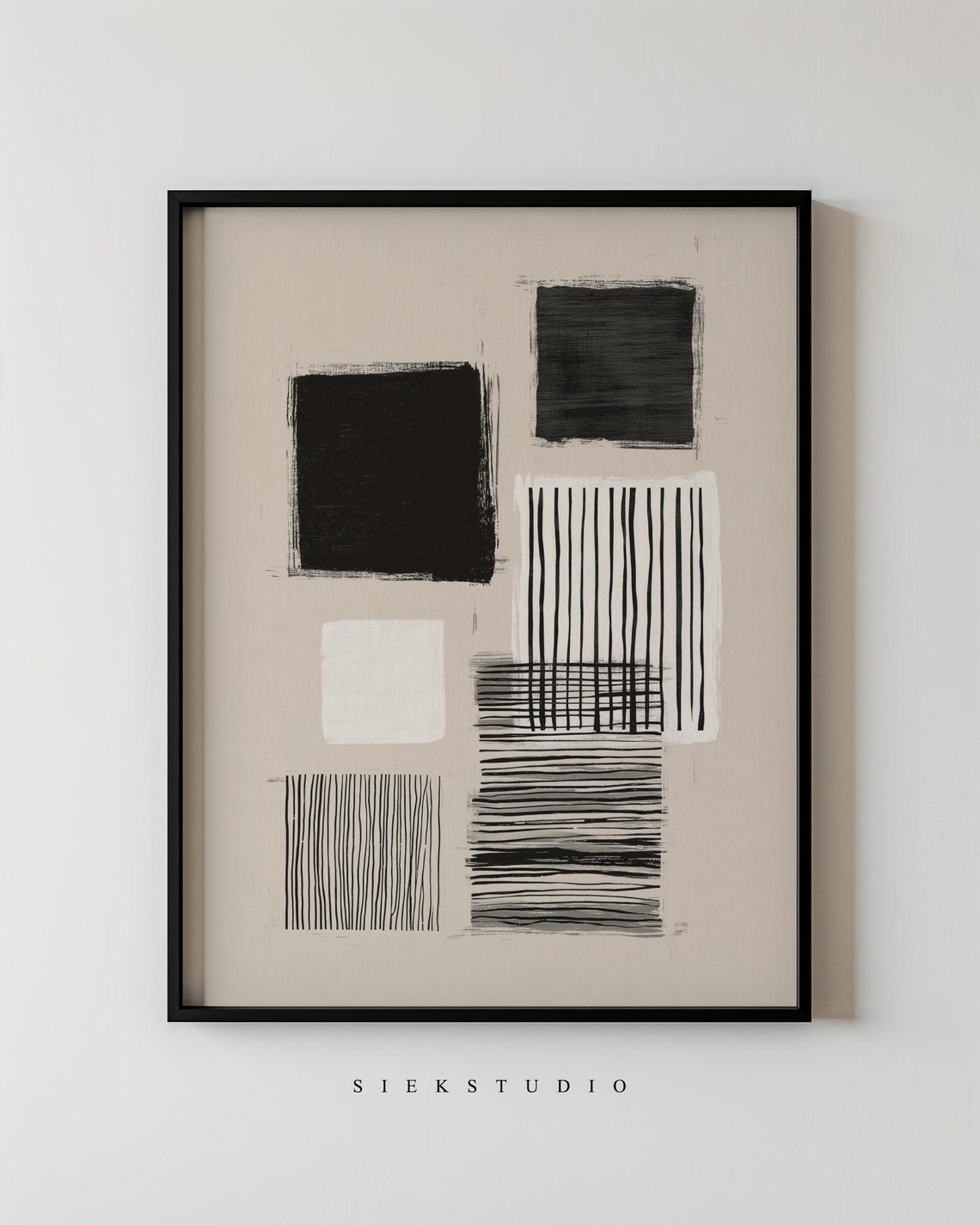Beige Black Abstract Blocks Stripes Minimalist Geometric Poster