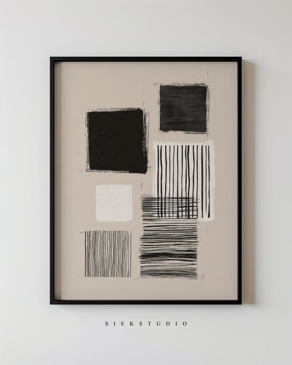 Minimalist Abstract Blocks Modern Black And White Beige Wall Art Contemporary Neutral Geometric Shapes Living Room Artwork 140