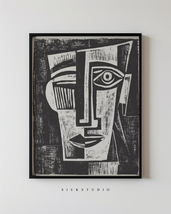 Black And White Abstract Cubist Face Linocut Style Art Poster