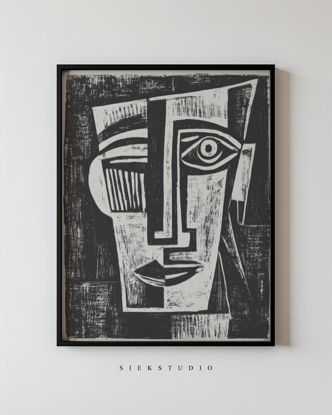 Black And White Abstract Cubist Face Linocut Style Art Poster