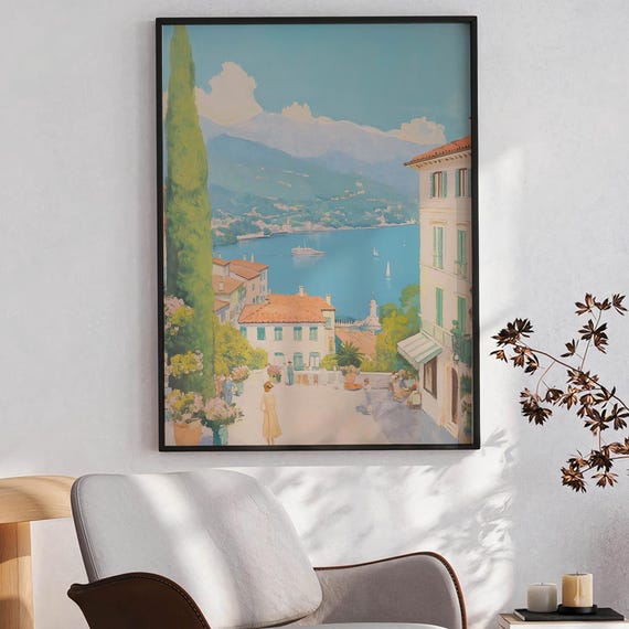 Italian Riviera Coastal Wall Art Vintage Mediterranean Landscape Print European Travel Artwork Lake Como Wanderlust