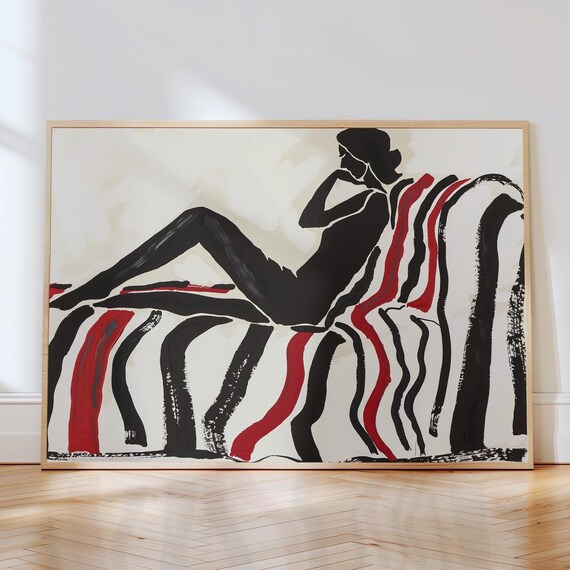 Reclining Woman Silhouette on Striped Couch Bold Abstract Poster