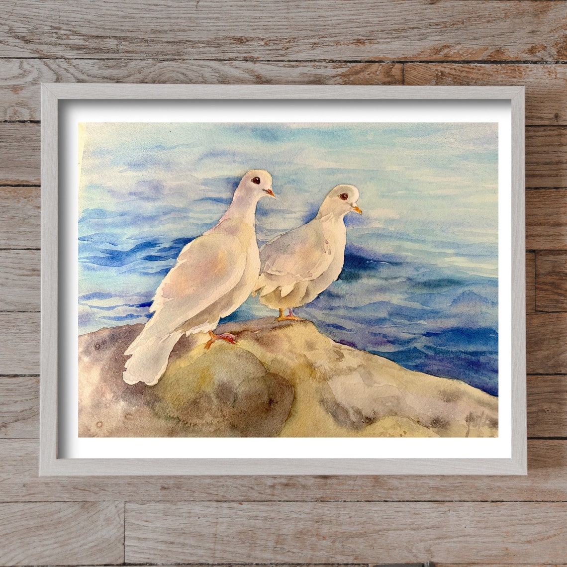 Two White Doves by the Blue Sea Watercolor Peaceful Bird Poster - Image 4