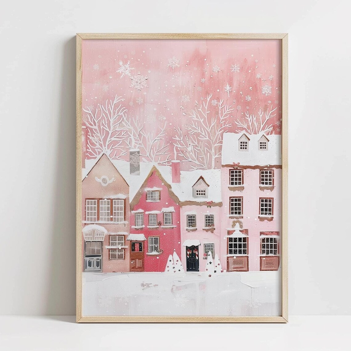 Pink Winter Village Art Print, Pastel Christmas Decor